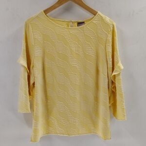 Chico's Pullover Yellow Blouse Size 2 Medium 12 Applique Stripe Ruffle Sleeve